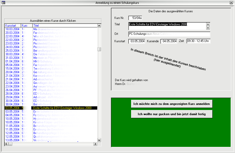 Online Anmeldung zu den Kursen