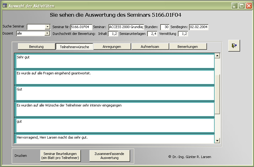 Anzeige der textlichen Bewertungen